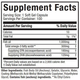 Supplement facts for MuscleTech Platinum 100% Fish Oil: Each softgel provides 10 calories, 1g fat, and 1000mg fish oil with omega-3s (180mg EPA, 120mg DHA). Other ingredients and daily values listed. Suitable for fish oil needs in Pakistan.